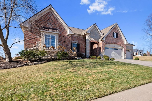 view of front facade featuring driveway, stone siding, a front lawn, and brick siding