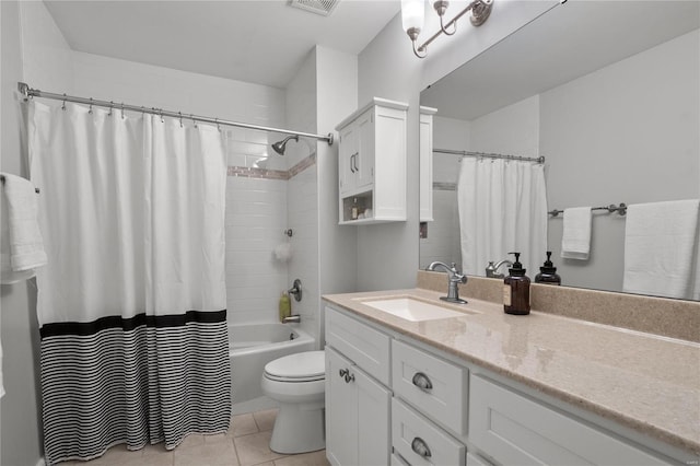 full bath with vanity, visible vents, shower / bath combo, tile patterned flooring, and toilet