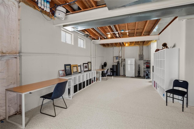 basement featuring freestanding refrigerator and carpet floors