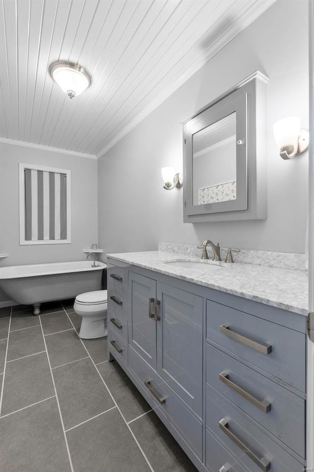 bathroom featuring tile patterned flooring, vanity, wood ceiling, toilet, and crown molding