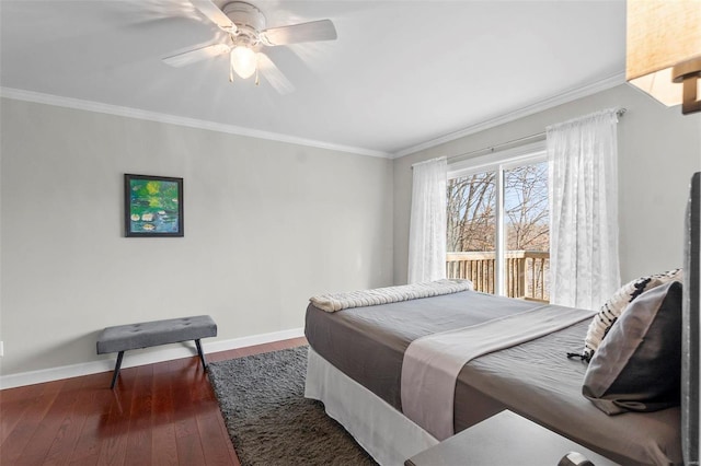 bedroom featuring crown molding, access to outside, dark hardwood / wood-style floors, and ceiling fan