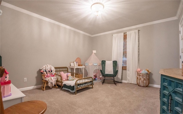 interior space featuring ornamental molding and carpet floors