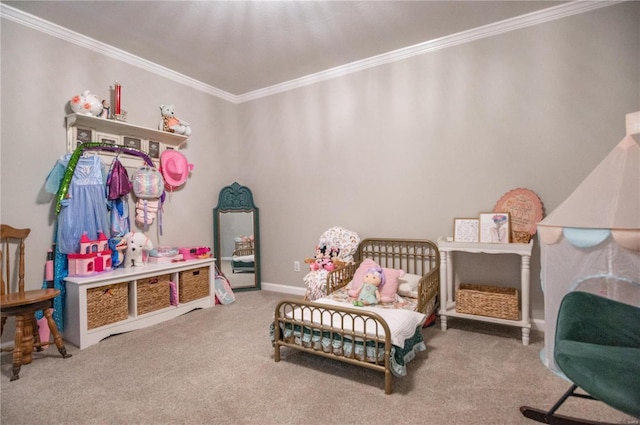 bedroom with ornamental molding and carpet flooring