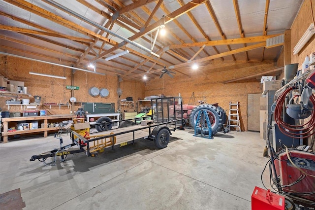 garage with a workshop area