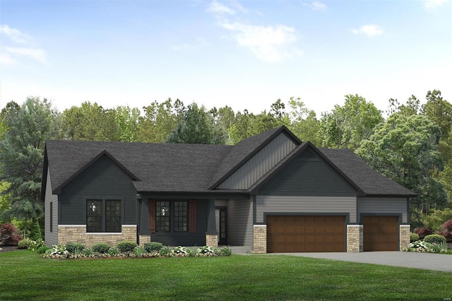 craftsman house featuring a garage and a front lawn