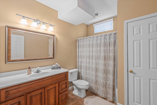 full bath with a shower with shower curtain, toilet, a bathing tub, tile patterned flooring, and vanity