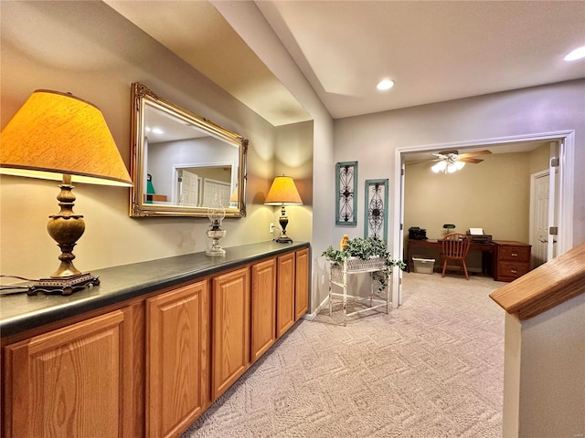 bar featuring ceiling fan, recessed lighting, and light colored carpet