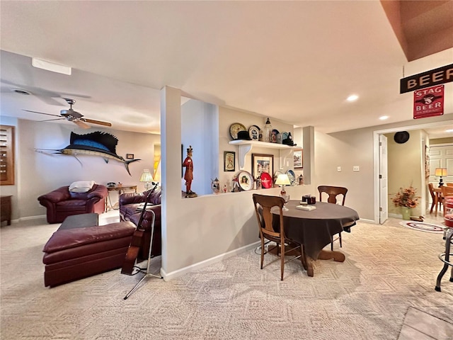 dining room featuring recessed lighting, carpet flooring, ceiling fan, and baseboards