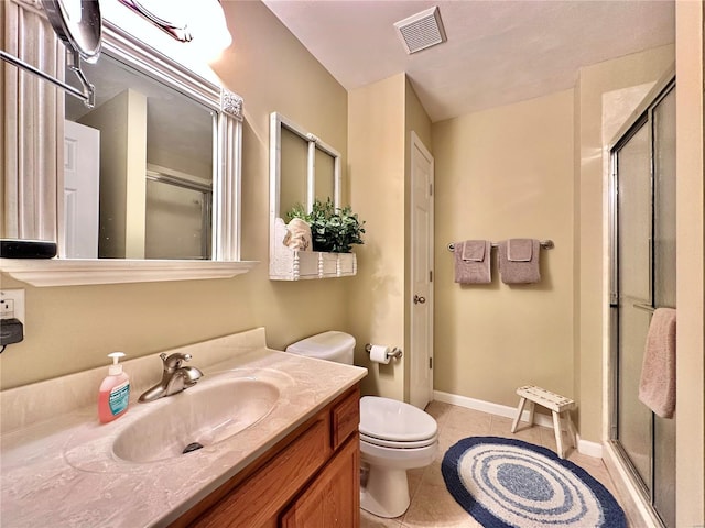 bathroom featuring vanity, a shower stall, visible vents, and tile patterned floors