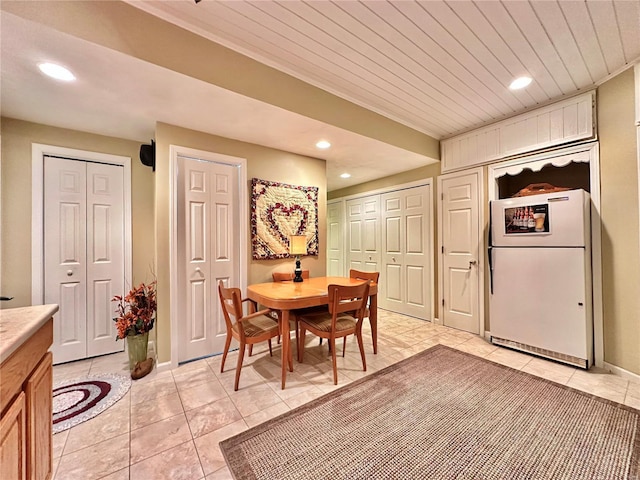 dining space with wooden ceiling, light tile patterned floors, baseboards, and recessed lighting