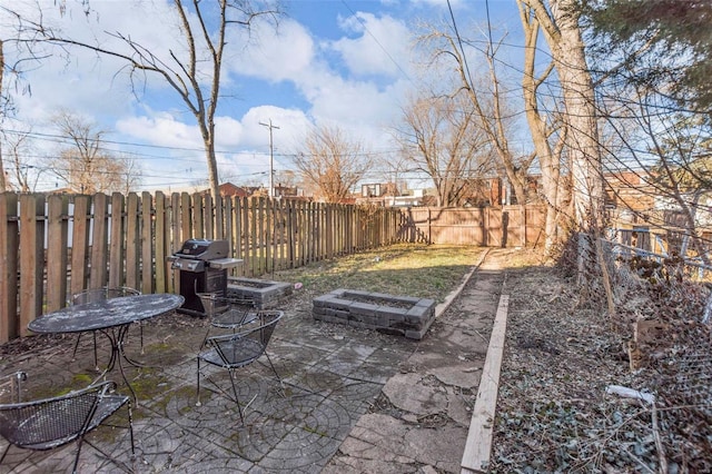 view of yard featuring a patio area, a fenced backyard, and a fire pit