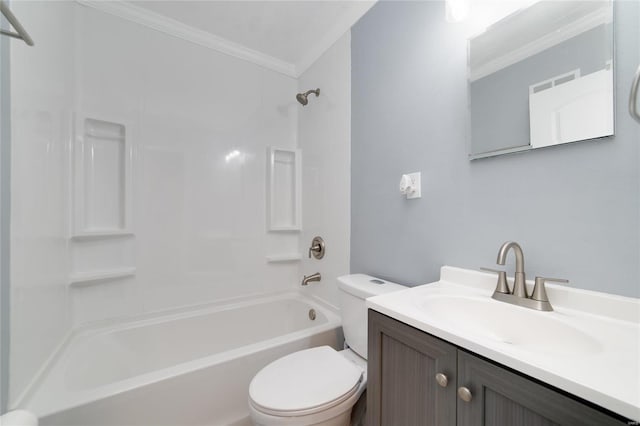 full bathroom featuring bathtub / shower combination, ornamental molding, vanity, and toilet