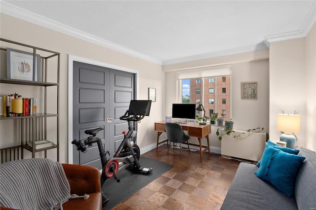 office area featuring crown molding and baseboards