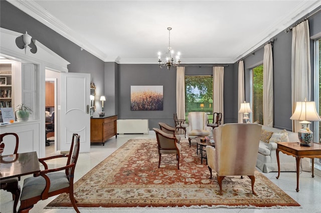 dining space with a chandelier and ornamental molding