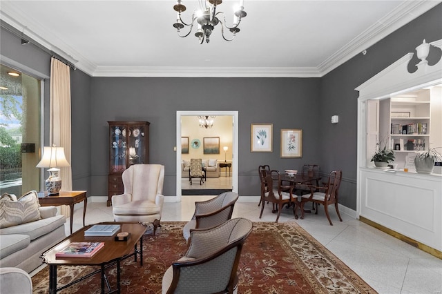 living area with crown molding, a notable chandelier, baseboards, and light tile patterned floors