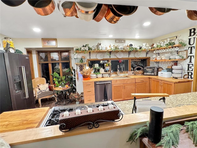 kitchen with wood counters, sink, and appliances with stainless steel finishes