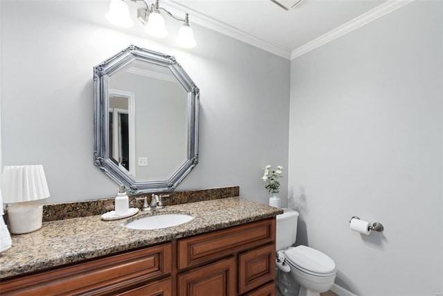 half bath featuring toilet, crown molding, and vanity