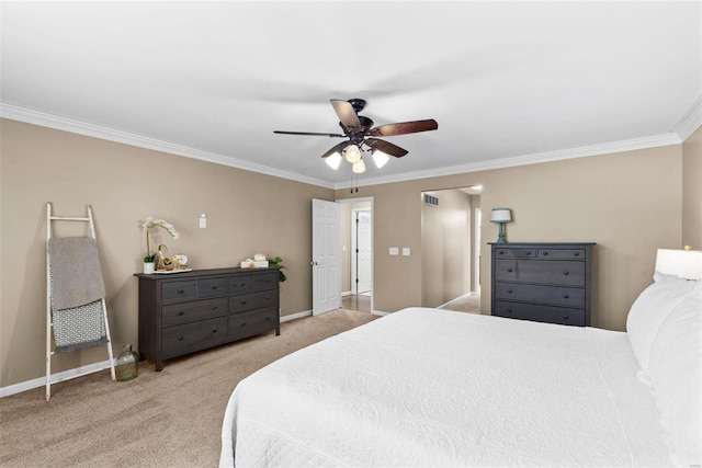 bedroom featuring light carpet, a ceiling fan, visible vents, baseboards, and ornamental molding