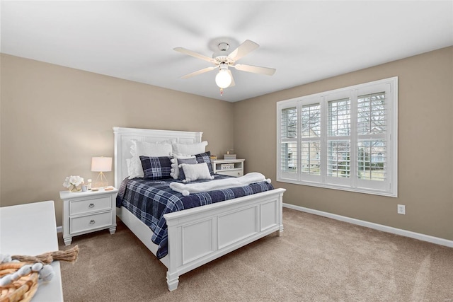 bedroom featuring carpet flooring, ceiling fan, and baseboards