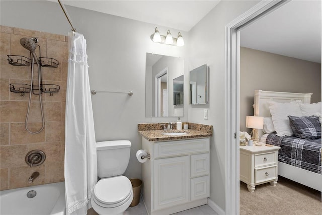 bathroom with toilet, shower / bath combination with curtain, and vanity