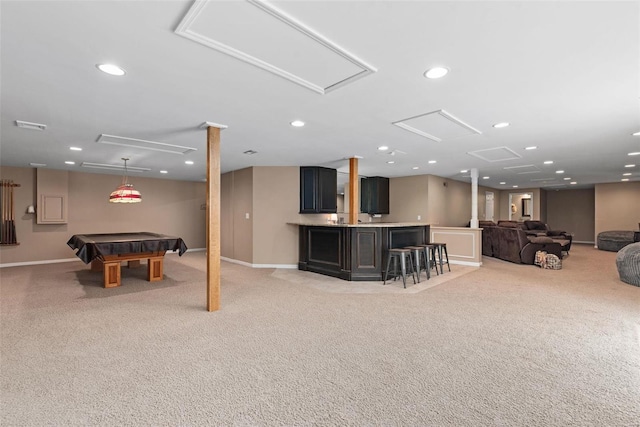 recreation room with light colored carpet, recessed lighting, pool table, and a dry bar