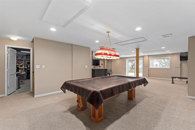 recreation room with billiards, recessed lighting, carpet flooring, and baseboards