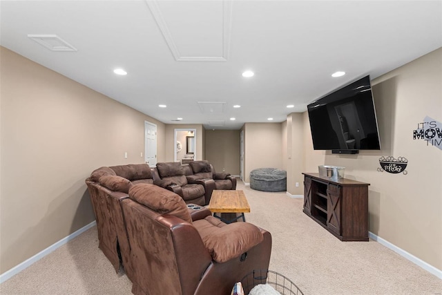 living room with light carpet, baseboards, and recessed lighting