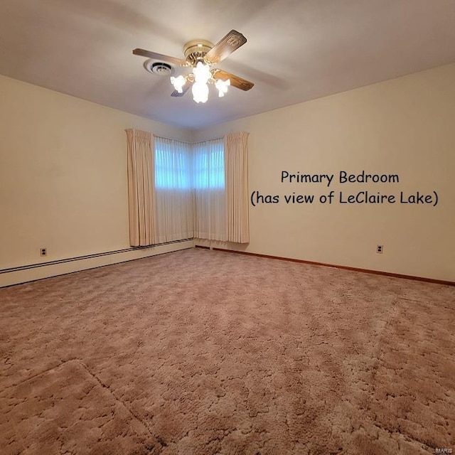 carpeted empty room featuring a baseboard heating unit, baseboards, and ceiling fan