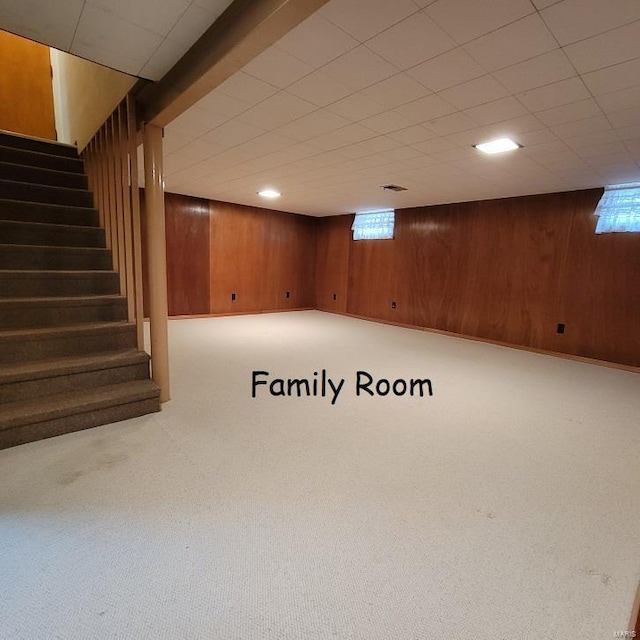 below grade area with stairway, wood walls, and carpet