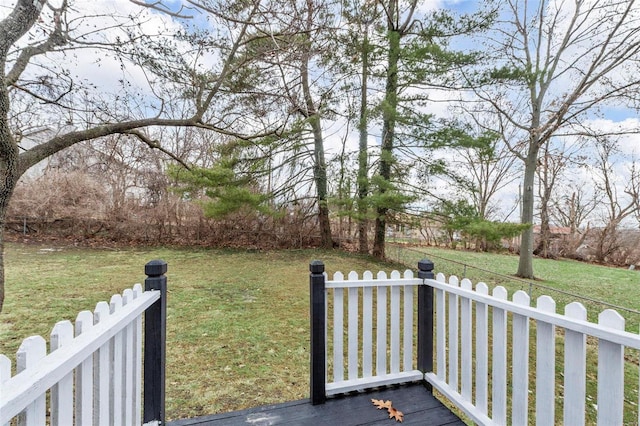 deck with a yard and fence