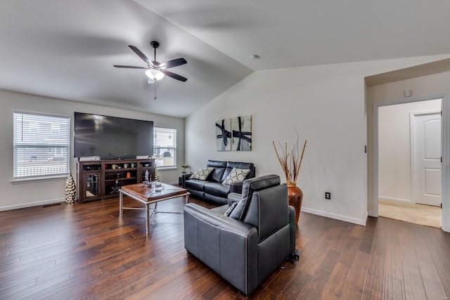 living room with vaulted ceiling, ceiling fan, and dark hardwood / wood-style flooring