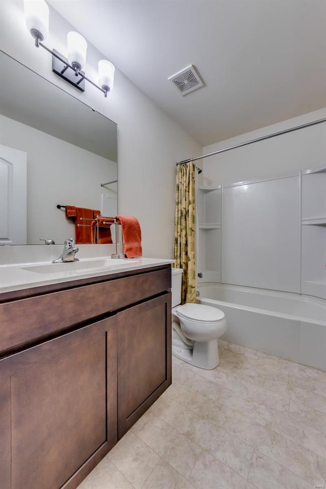 full bathroom featuring vanity, toilet, and shower / bathtub combination with curtain