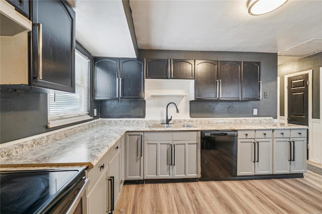 kitchen with range, dishwasher, extractor fan, light hardwood / wood-style floors, and sink