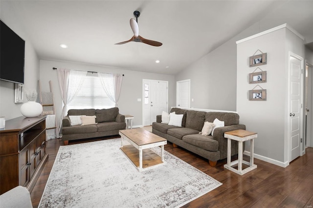 living room featuring dark wood-style flooring, ceiling fan, recessed lighting, baseboards, and lofted ceiling