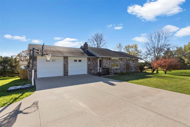 single story home featuring a garage and a front yard