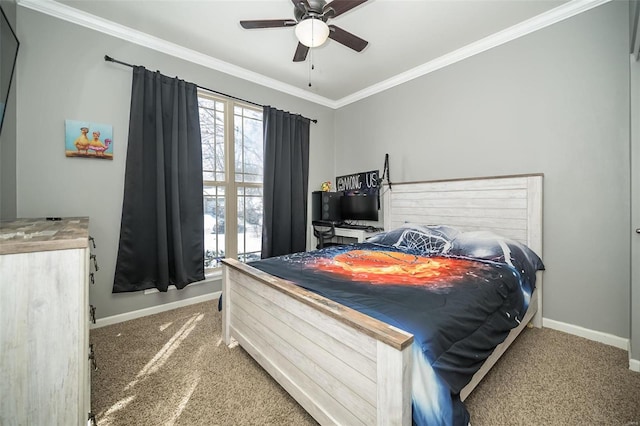 bedroom with ornamental molding, carpet flooring, a ceiling fan, and baseboards