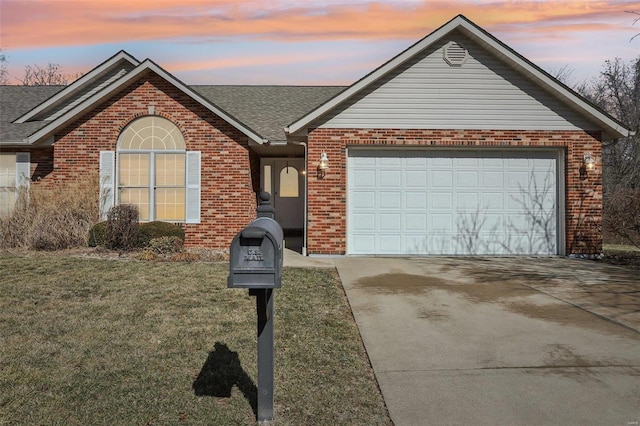 ranch-style house with brick siding, roof with shingles, a garage, driveway, and a front lawn