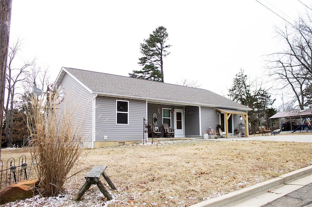 single story home with a front lawn and a porch