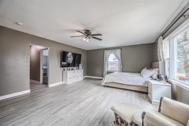 bedroom featuring ceiling fan and light hardwood / wood-style floors