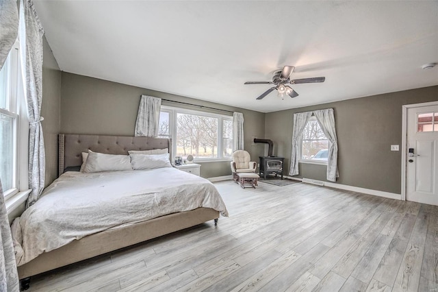 bedroom featuring light wood-type flooring, ceiling fan, and a wood stove