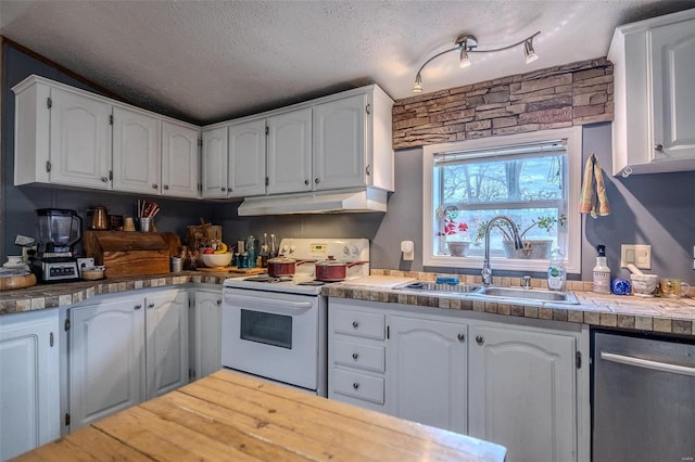 kitchen featuring white cabinetry, sink, a textured ceiling, and electric stove