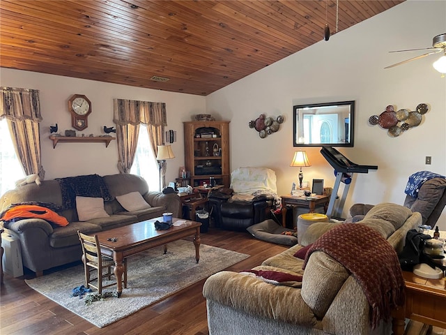 living room with dark wood-type flooring, wood ceiling, and vaulted ceiling