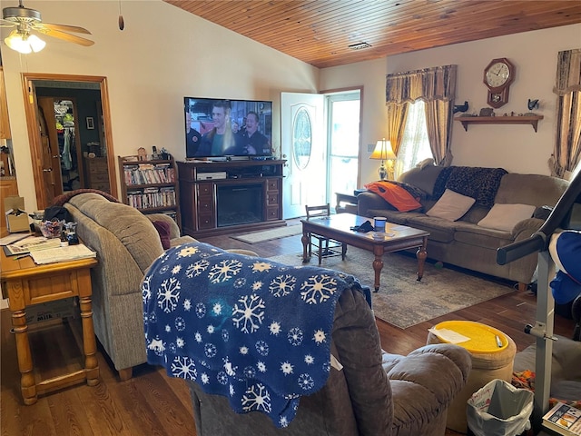 living room with wood ceiling, ceiling fan, lofted ceiling, and dark hardwood / wood-style flooring