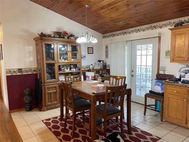 dining area with vaulted ceiling, light tile patterned floors, and wooden ceiling