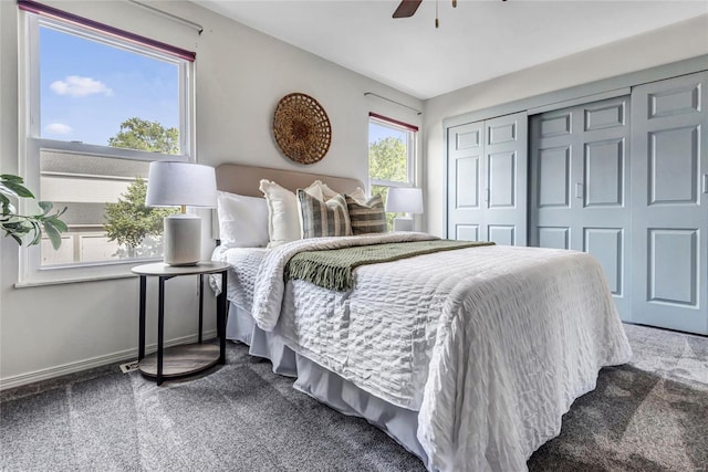 bedroom featuring a ceiling fan, baseboards, and a closet