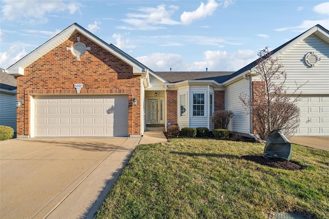 ranch-style home with concrete driveway, brick siding, a garage, and a front lawn