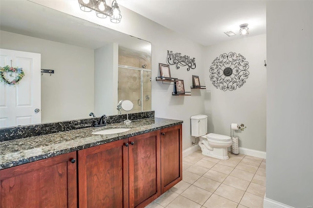 bathroom featuring tile patterned flooring, vanity, toilet, and an enclosed shower