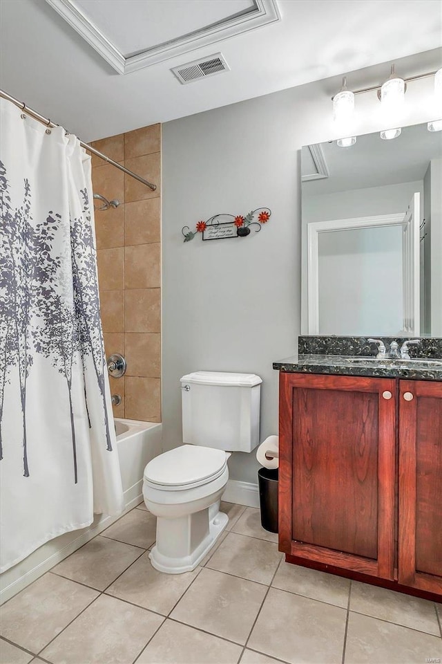 full bathroom featuring shower / tub combo, vanity, toilet, and tile patterned flooring