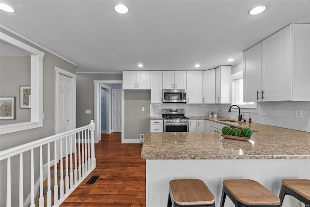 kitchen featuring a sink, a peninsula, decorative backsplash, and stainless steel appliances