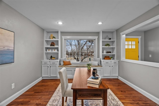 home office featuring dark wood finished floors, recessed lighting, and baseboards